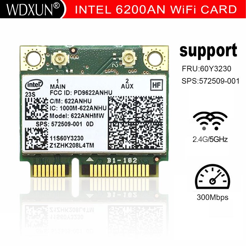 Carte Intel Centrino Advanced-N 6200 622ANHMW 6200AGN half Mini PCI-E, 300 mb/s, double bande, wi-fi 2.4G/5GHZ
