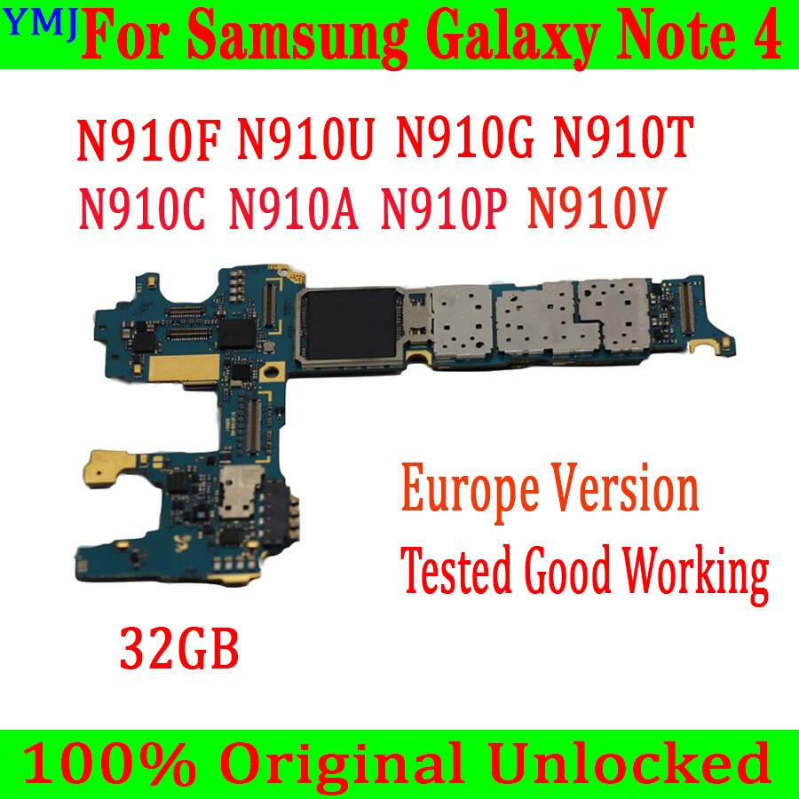 Carte mère 32 go originale débloquée pour Samsung galaxy note 4, N910A, N910U, circuit imprimé principal avec puces complètes, version européenne