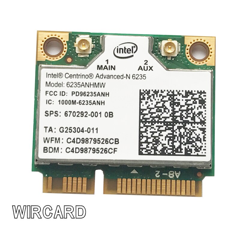 WIRCARD  carte lan sans fil pour ordinateur portable Intel Centrino Advanced-N 6235 6235ANHMW, wi-fi 300 mb/s, BT4.0, Half MINI PCIe