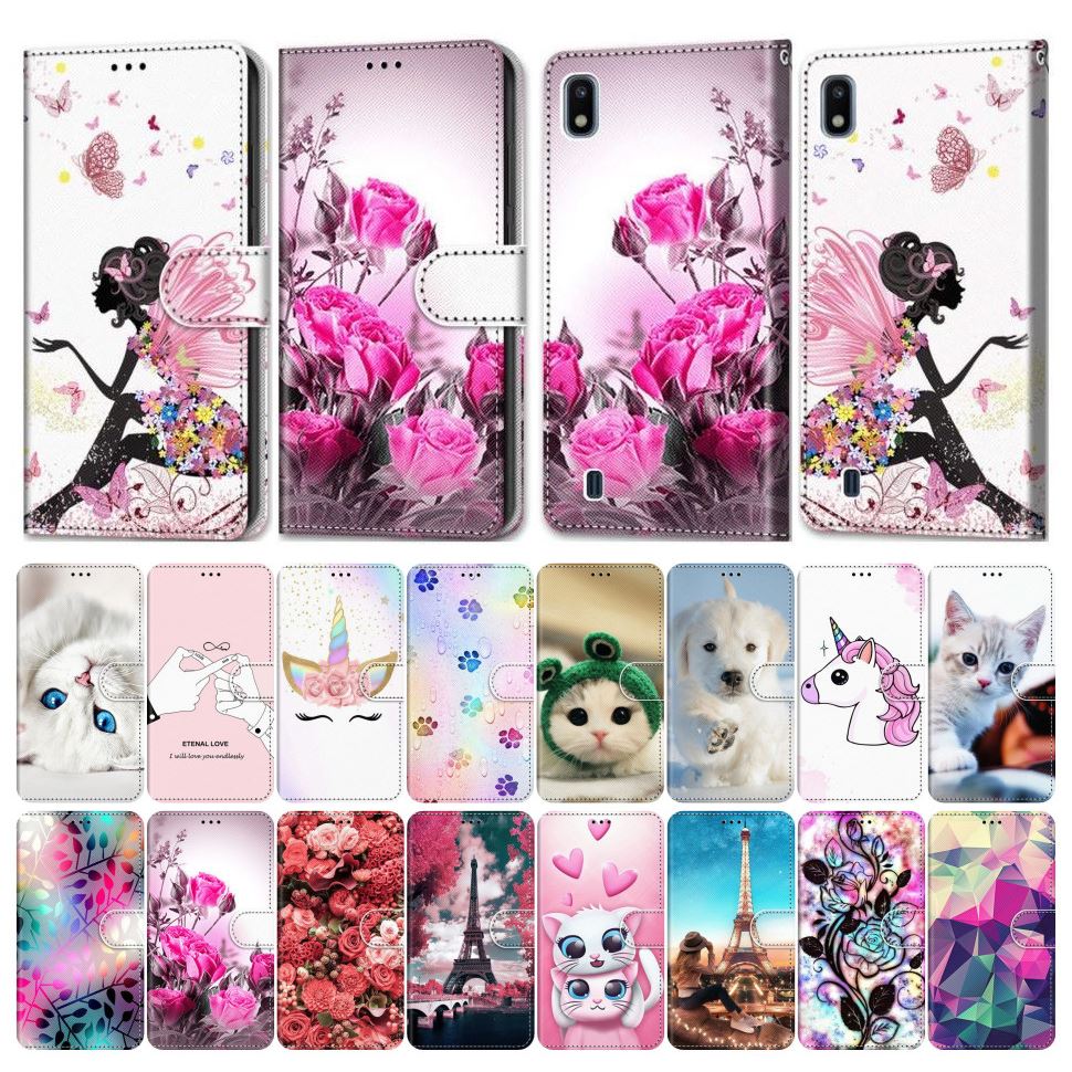 Étui à rabat pour téléphone Samsung Galaxy M40, A750, A70, A60, A6, A7, 2018, jolie fleur colorée peinte, pour fille et garçon, E08F