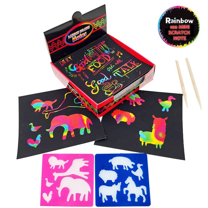 Amazon  Mini-carnet de Notes à gratter arc-en-ciel, 100 pièces, jouets de dessin éducatif avec 2 stylos en bois, cadeau créatif pour enfants